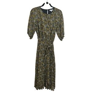 Baltic Born Floral Pleated Midi Dress Size M Black Yellow Puff Sleeve Cottage